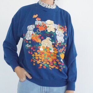Vintage Land N Sea Blue Teddy Bear Autumn Leaves Pumpkin Harvest Sweatshirt M